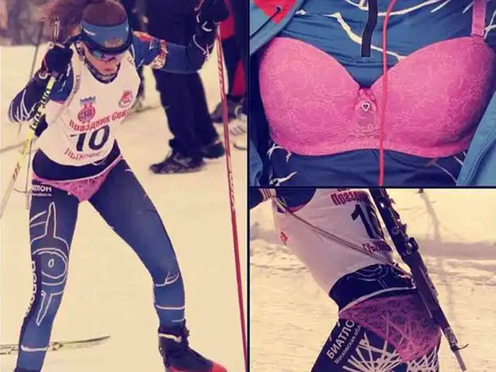 Юная спортсменка начала гонку по биатлону в нижнем белье