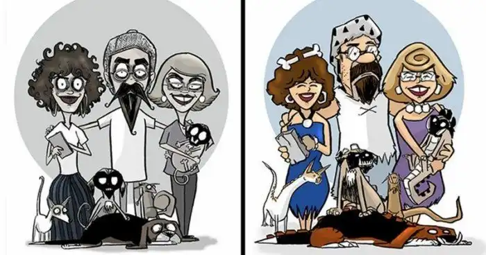 Художник рисует свою семью в стиле известных мультфильмов и комиксов