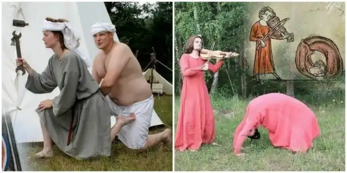 Весельчаки воссоздают странные сцены со средневековых рисунков