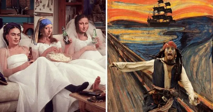 Художник остроумно совмещает известные картины с современной поп-культурой