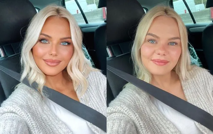 Девушка показывает, что нельзя верить всему, что попадает в соцсети, особенно фотографиям