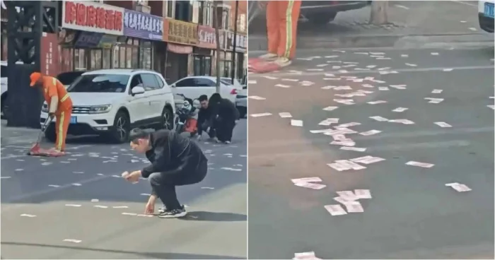 В Китае дорогу неожиданно засыпало деньгами