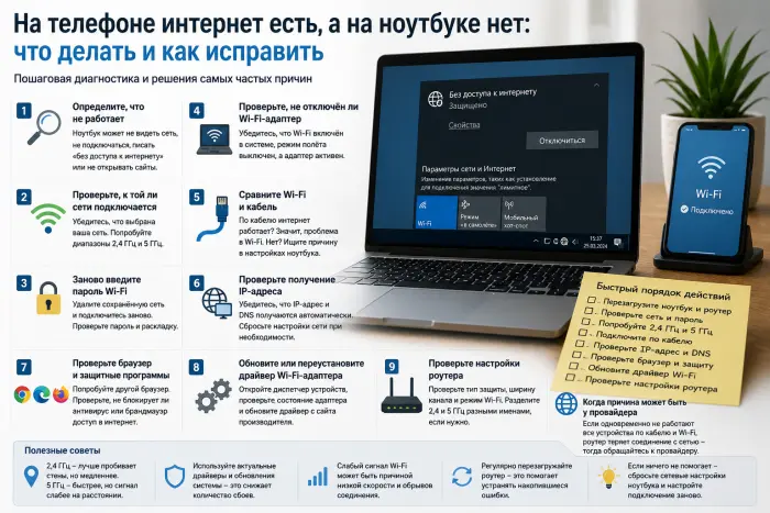 Интернет работает на телефоне, но не работает на ноутбуке: где искать проблему