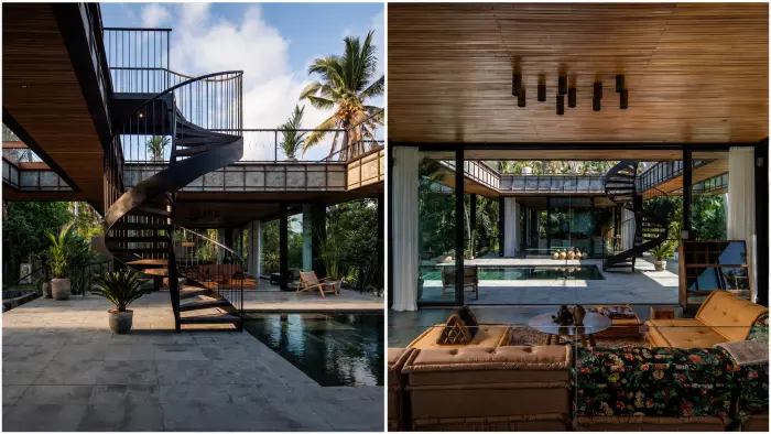 Винтовая лестница, бассейн и гостиная виллы BOND Bali